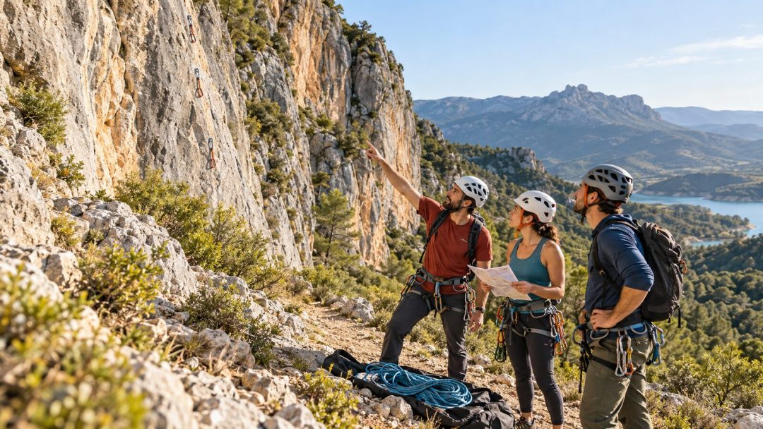 Tres escaladores revisan la vía y el material antes de comenzar a escalar en roca